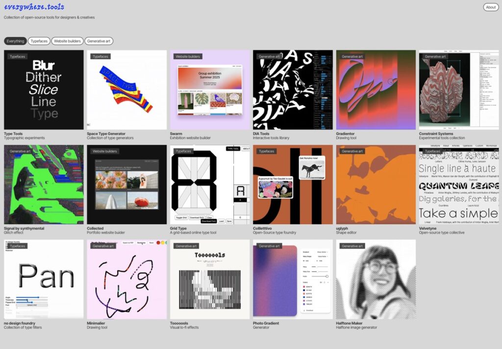 Screenshot of everywhere.tools a grid of images leading to different tools